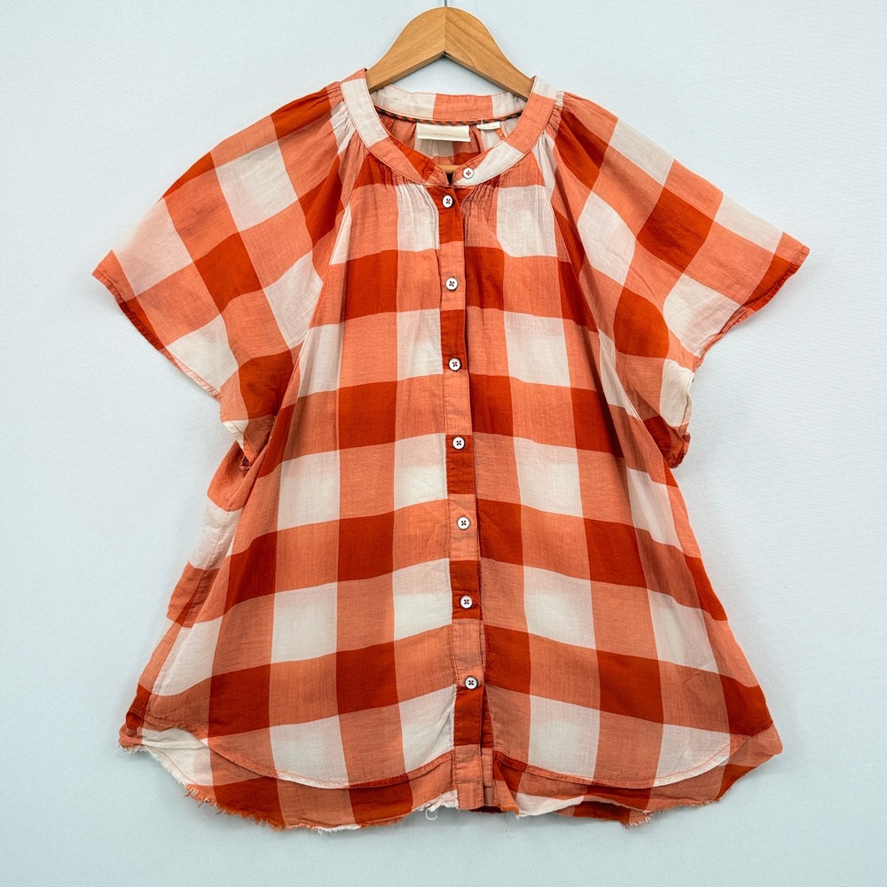 Maeve Button Down Blouse Womens Large Orange Gingham Plaid Flutter Cottagecore